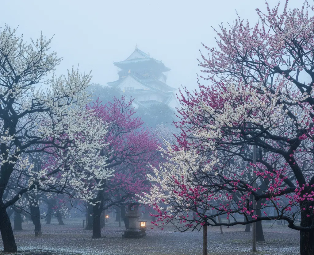 Fragrant plum grove blooming in late winter at Osaka Castle Park