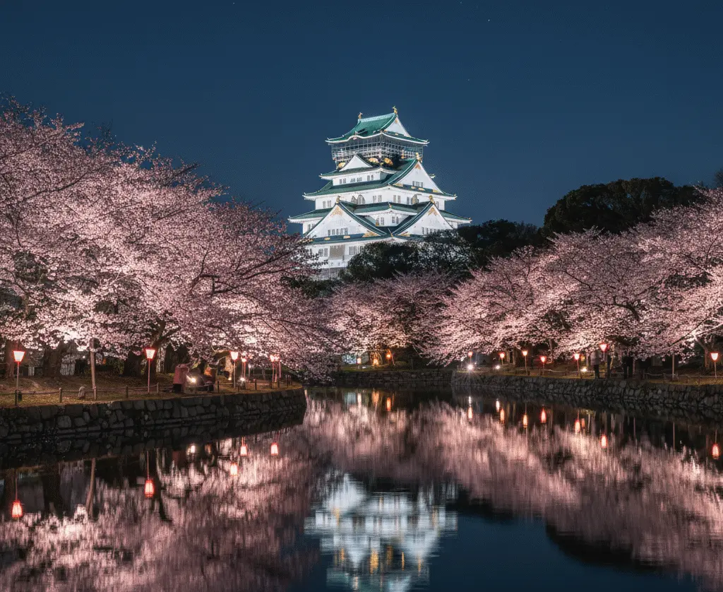 Night illumination of cherry blossoms at Nishinomaru Garden with Osaka Castle