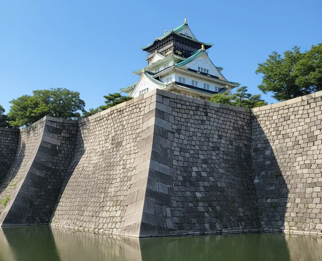 Massive historic stone walls and ancient fortifications of Osaka Castle showing impressive scale