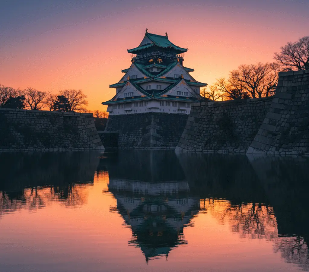 The massive inner moat of Osaka Castle reflecting a vivid sunset