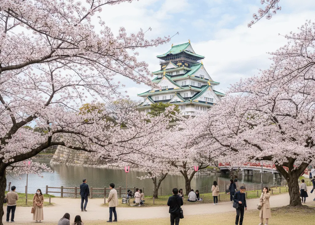 Osaka Castle Park cherry blossoms in full bloom with the historic main castle tower in spring