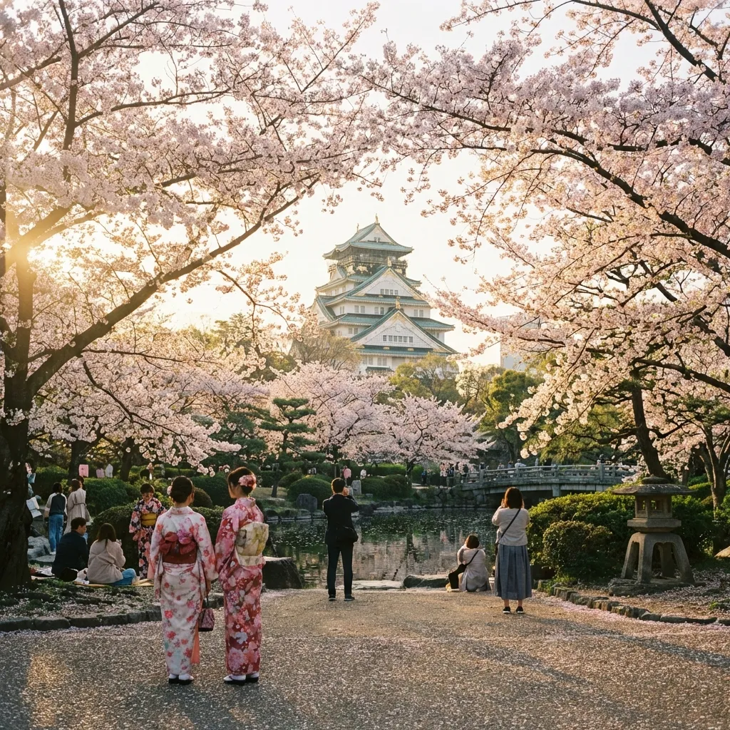 Osaka Castle Park cherry blossoms in spring with castle view